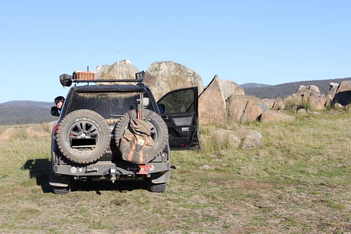The rear wheel carrier, including the high lift jack and our 'parachute' (the dirty gear bag).